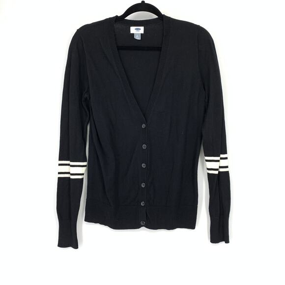 Old Navy Button Front V-Neck Cardigan Sweater Womens Sz MT Black White Striped - Picture 1 of 6